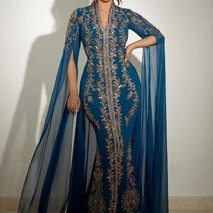 Teal Exaggerated Sleeve Beaded Abaya Modest Kaftan